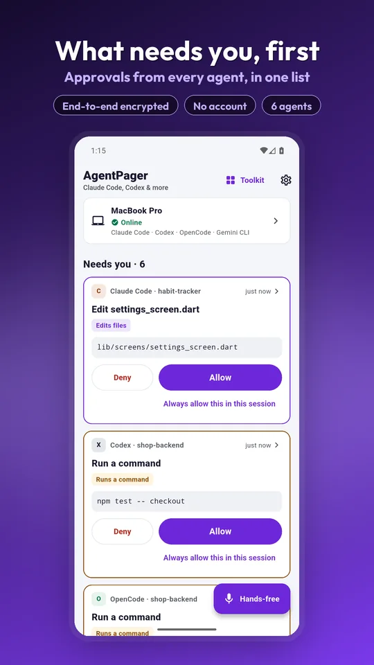 The AgentPager Needs you queue on a phone, listing coding agents waiting for approval across several computers