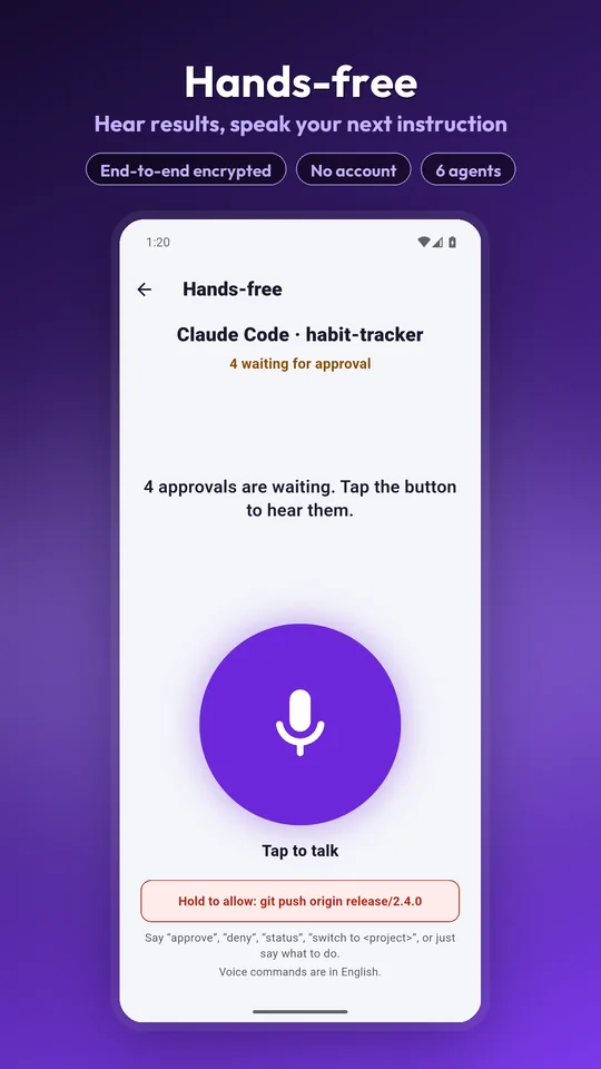 AgentPager hands-free voice mode with a tap-to-talk button and a spoken summary of the agent's progress