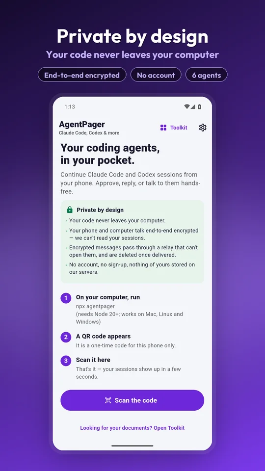 AgentPager pairing screen scanning the QR code printed by the npx agentpager command
