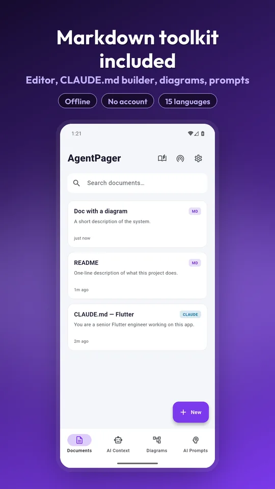 The AgentPager Toolkit markdown editor with a live preview of the rendered document
