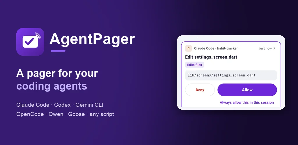 AgentPager feature banner: a coding agent on a computer paired with an approval queue on a phone