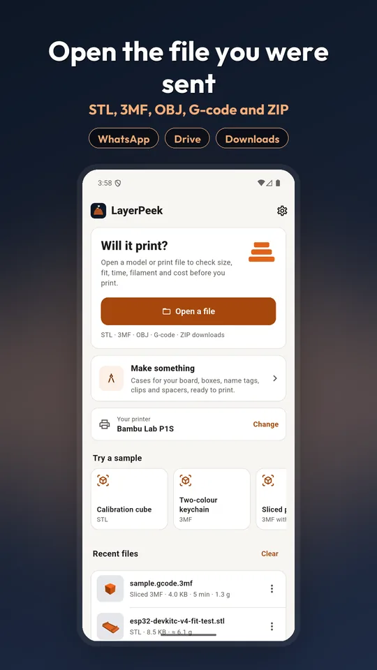 LayerPeek home screen with an Open a file button and sample models